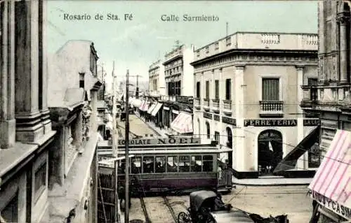 Ak Rosario de Santa Fé Argentinien, Calle Sarmiento, Straßenbahn, Ferreteria