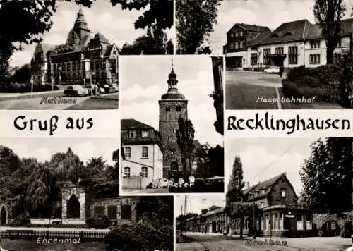 Ak Recklinghausen in im Ruhrgebiet, Rathaus, Hauptbahnhof, Ehrenmal, Saalbau