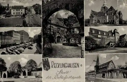 Ak Recklinghausen im Ruhrgebiet, Lohtor, Markt, Ehrenmal, Rathaus, Berufsschule, Engelsburg, Saalbau