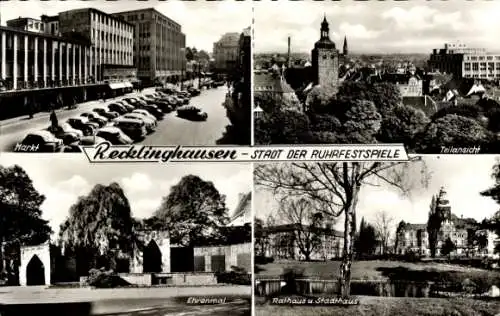 Ak Recklinghausen in im Ruhrgebiet, Rathaus, Stadthaus, Markt, Ehrenmal