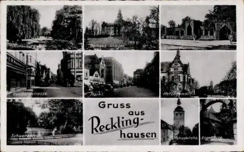 Ak Recklinghausen im Ruhrgebiet, Rathausanlagen, Engelsburg, Petruskirche, Herzogswall, Ehrenmal