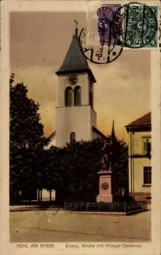 Ak Kehl am Rhein, Ev. Kirche, Kriegerdenkmal