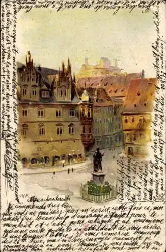 Künstler Litho Coburg, Blick auf Marktplatz und Veste, Denkmal