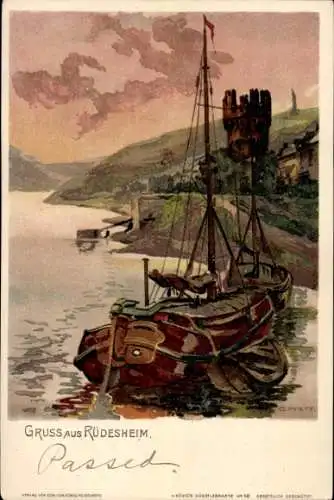 Künstler Litho Pfaff, C., Rüdesheim am Rhein in Hessen, Segelboote, Turm