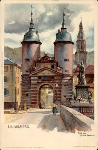 Künstler Litho Heidelberg am Neckar, Tor der alten Brücke