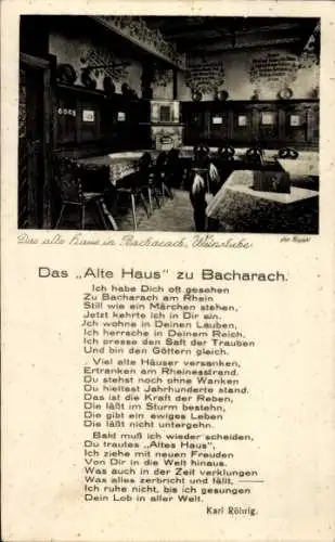 Ak Bacharach am Rhein, Gasthaus Altes Haus, Gedicht von Karl Röhrig