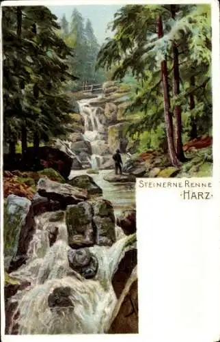 Künstler Litho Hasserode Wernigerode am Harz, Steinerne Renne, Wasserfall