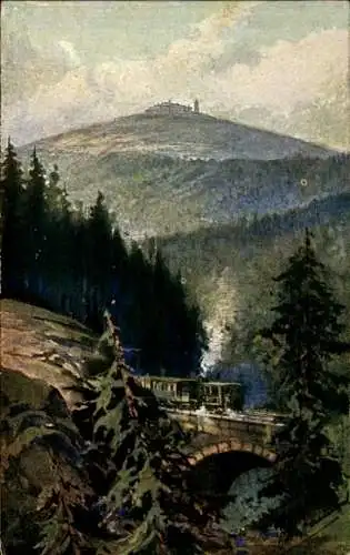 Künstler Ak Schierke Wernigerode im Harz, Panorama, Eisenbahn, Brocken