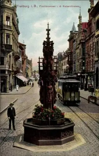 Ak Freiburg im Breisgau Baden Württemberg, Fischbrunnen, Kaiserstraße