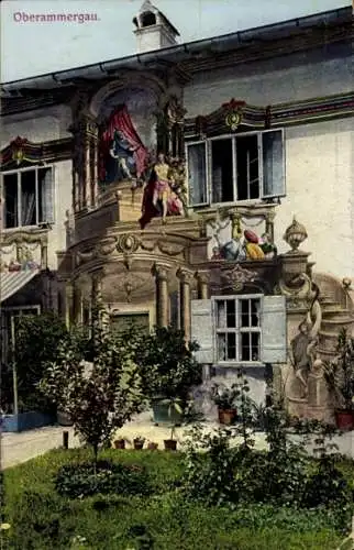 Ak Oberammergau in Oberbayern, Blick auf das Fresco Gemälde, Christus vor Pilatus am Dr Lang Haus