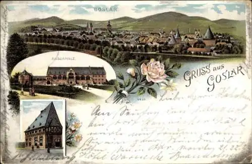 Litho Goslar am Harz, Gesamtansicht, Kaiserpfalz, Brusttuch