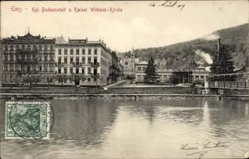 Ak Bad Ems Rhein Lahn Kreis, Kgl. Badeanstalt und Kaiser Wilhelm Kirche