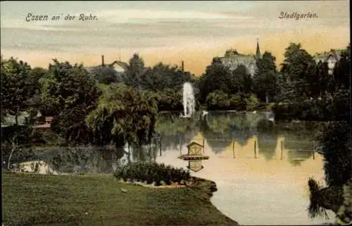 Ak Essen im Ruhrgebiet, Partie im Stadtgarten, See, Fontäne