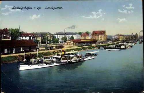 Ak Ludwigshafen am Rhein, Blick zu den Landeplätzen, Dampfer