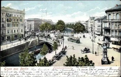 Ak Berlin Tiergarten, Potsdamer Brücke mit Lützowufer, Straßenbahnen, Kutschen