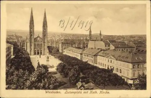 Ak Wiesbaden in Hessen, Luisenplatz mit Kath. Kirche