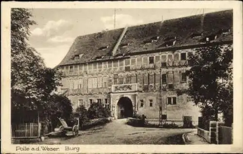 Ak Polle Weser, Blick zur Burg, Eingang, Bäume