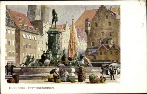 Künstler Ak Kley, Heinrich, Nürnberg in Mittelfranken Bayern, Neptunbrunnen