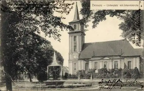 Ak Dessau in Sachsen Anhalt, Lindenplatz, Johanniskirche, Springbrunnen