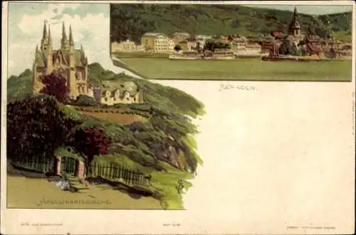 Künstler Litho Biese, C., Remagen am Rhein, Totale, Apollinariskirche