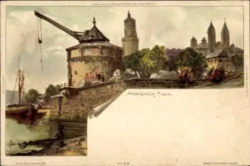 Künstler Litho Biese, C., Andernach am Rhein, Hebekran am Wasser, Novitas