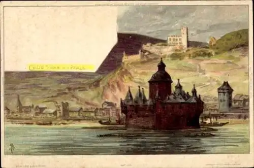 Künstler Litho Biese, C., Kaub am Rhein, Burg Pfalzgrafenstein, Pfalz