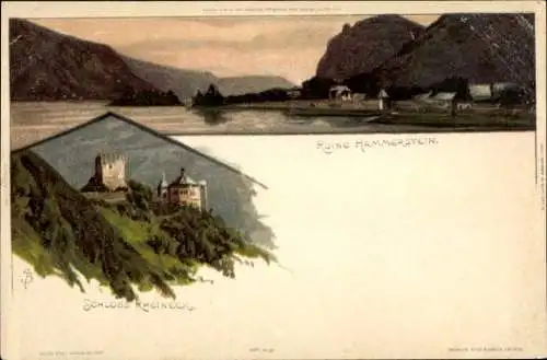 Litho Bad Breisig, Blick auf das Schloss Rheineck und Ruine Hammerstein