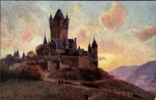 Künstler Ak Cochem im Landkreis Cochem Zell Rheinland Pfalz, Burg, Gesamtansicht, erbaut 1868-78