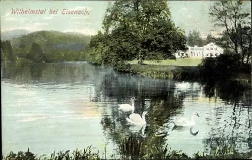 Ak Wilhelmstal Marksuhl, Seepartie mit Schwänen, Blick zu einem Gebäude