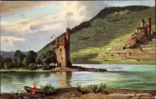 Künstler Ak Bingen Pfalz, Mäuseturm mit Ruine Ehrenfels