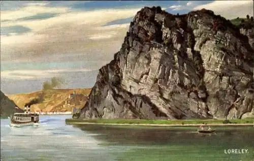 Künstler Ak Loreley Rhein, Dampfer am hohen Felsen, Sage