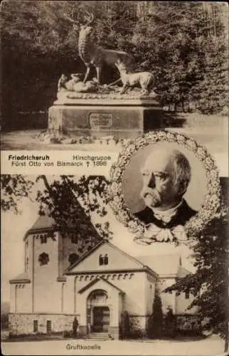 Ak Friedrichsruh Aumühle in Lauenburg, Hirschgruppe, Gruftkapelle, Portrait Bismarck