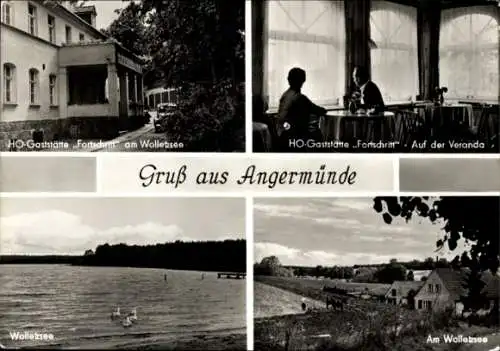 Ak Angermünde in der Uckermark, HO Gaststätte Fortschritt am Wolletzsee, Veranda, Wolletzsee