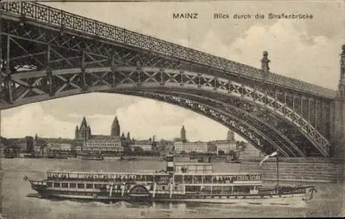 Ak Mainz am Rhein, Straßenbrücke, Schiff