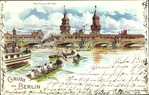 Litho Berlin Kreuzberg, Oberbaum-Brücke, Boote