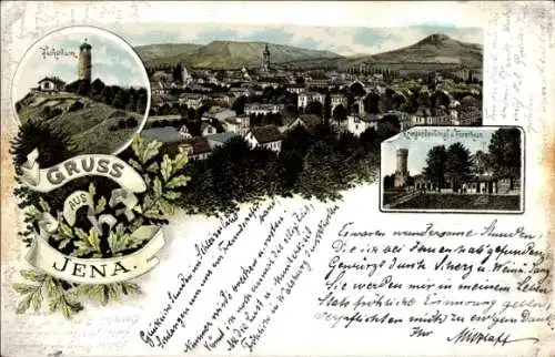 Litho Jena in Thüringen, Fuchsturm, Kriegerdenkmal, Forsthaus, Stadtpanorama