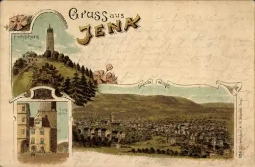 Litho Jena in Thüringen, Fuchsturm, Burgskeller, Panorama vom Ort