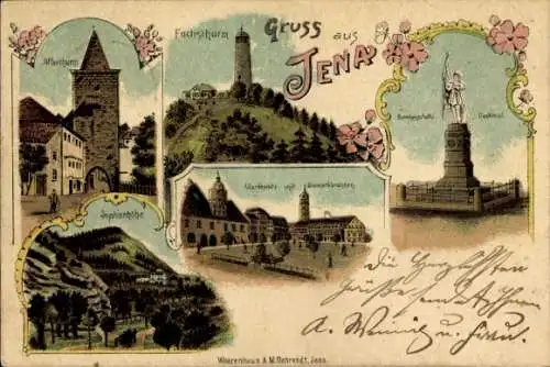 Litho Jena, Affenturm, Fuchsturm, Burschenschaftsdenkmal, Sophienhöhe, Marktplatz, Bismarckbrunnen