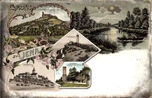 Litho Jena in Thüringen, Fuchsturm, Leuchtenburg, Forsthaus, Kriegerdenkmal, Paradies bei Nacht