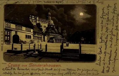 Mondschein Litho Sondershausen im Kyffhäuserkreis Thüringen, Schloss, Markt