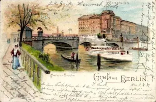 Litho Berlin Tiergarten Moabit, Spreehallen, Moabiter Brücke, Dampfer, Rudern