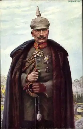 Künstler Ak Fischer, Art., Kaiser Wilhelm II., Portrait in Uniform, Mantel, Pickelhaube