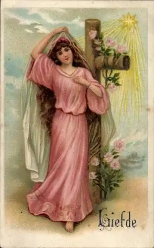 Präge Ak Junge Frau in rosa  Kleid, Kreuz, Stern, Liebe, Allegorie