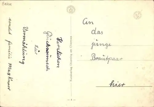 Künstler Ak Hahn, Liebespaar, Pferd, Blumen, Dackel, Katze