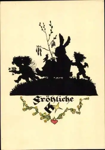 Scherenschnitt  Künstler Ak Plischke, G., Glückwunsch Ostern, Kinder, Weidenkätzchen, Osterhase