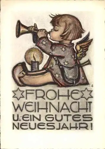 Künstler Ak Hummel, Glückwunsch Weihnachten und Neujahr, Engel mit Fanfare, Nr. 4618