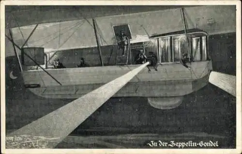 Künstler Ak In der Zeppelin Gondel, Flutlichter, Nacht, Luftschiff, Deutscher Luftflotten-Verein