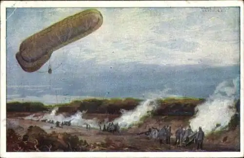 Künstler Ak Schulze, Hans Rudolf, Fesselballon der Deutschen Luftflotte im I. WK, Artillerie