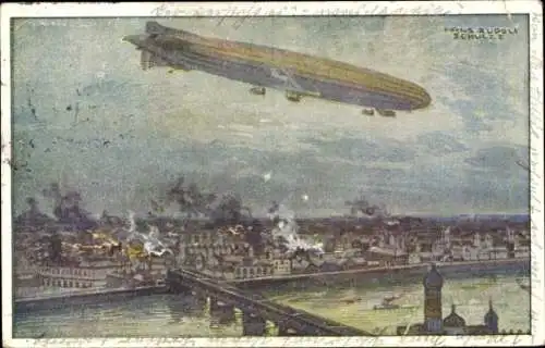 Künstler Ak Schulze, Hans Rudolf, Zeppelin, Luftschiff Schütte Lanz, Warschau bombardierend, I. WK