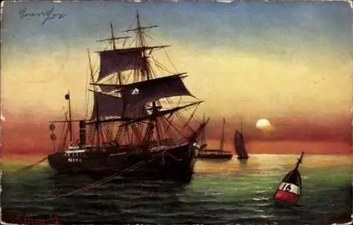 Ak Segelschiff im Hafen, Sonnenuntergang